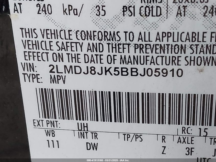 2011 Lincoln Mkx VIN: 2LMDJ8JK5BBJ05910 Lot: 41915168