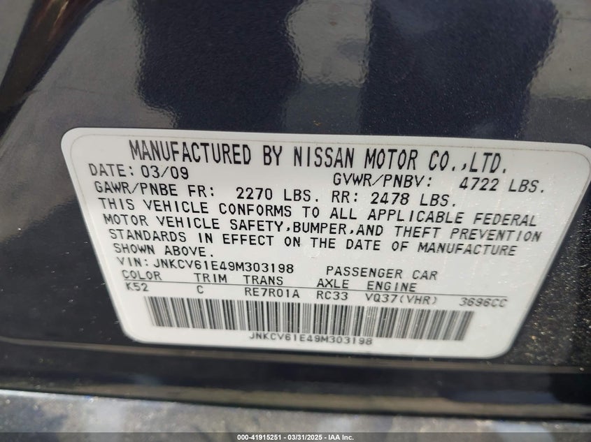 2009 INFINITI G37 VIN: JNKCV61E49M303198