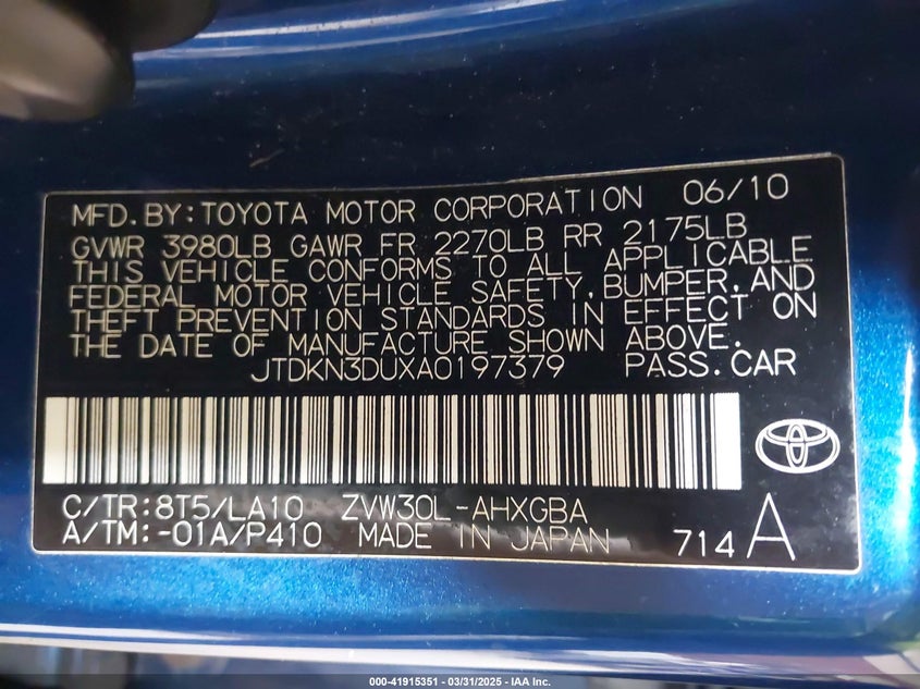 2010 TOYOTA PRIUS VIN: JTDKN3DUXA0197379