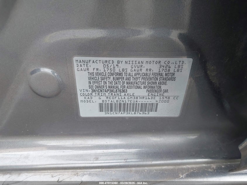 2019 NISSAN VERSA VIN: 3N1CN7AP3KL876363