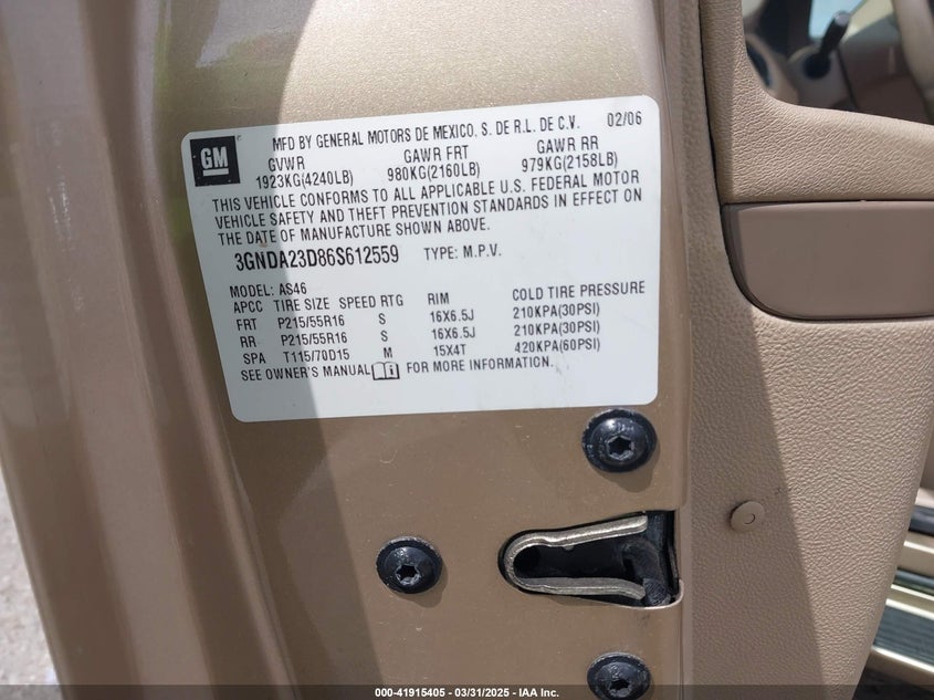 2006 CHEVROLET HHR VIN: 3GNDA23D86S612559
