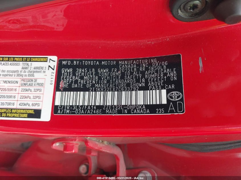 2007 Toyota Corolla Matrix Xr VIN: 002T1KR32EX7C6337 Lot: 41915495