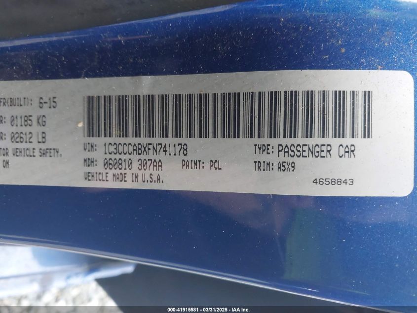 2015 Chrysler 200 Limited VIN: 1C3CCCABXFN741178 Lot: 41915581