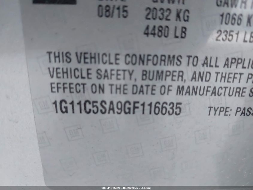 2016 Chevrolet Malibu Limited Lt VIN: 1G11C5SA9GF116635 Lot: 41915620