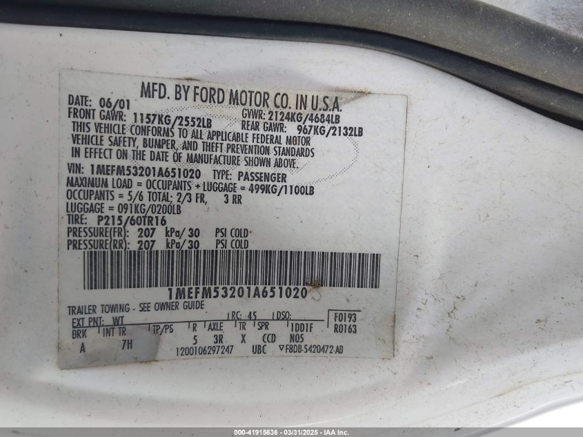 2001 Mercury Sable Ls VIN: 1MEFM53201A651020 Lot: 41915636