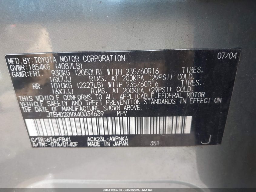 2004 Toyota Rav4 VIN: JTEHD20VX40034639 Lot: 41915750