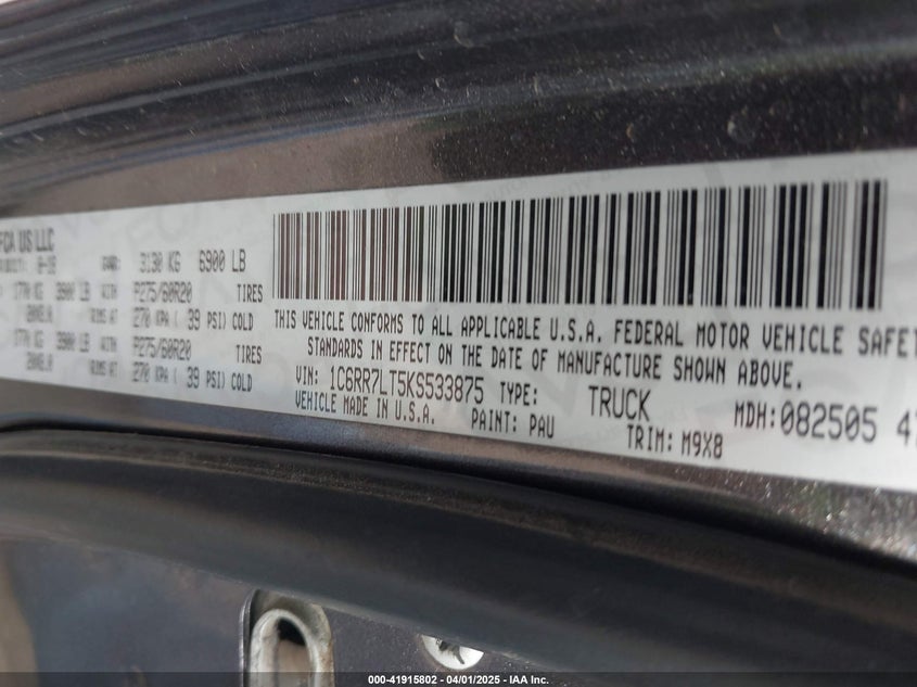 2019 RAM 1500 CLASSIC VIN: 1C6RR7LT5KS533875