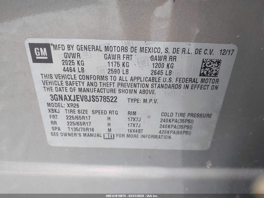 2018 CHEVROLET EQUINOX VIN: 3GNAXJEV8JS578522