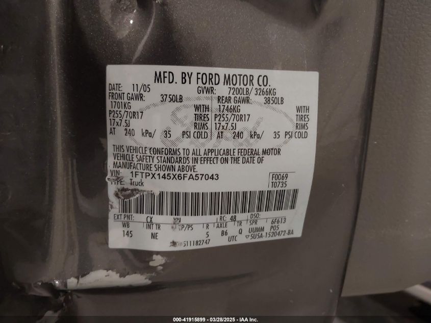 2006 Ford F-150 Fx4/Lariat/Xl/Xlt VIN: 1FTPX145X6FA57043 Lot: 41915899