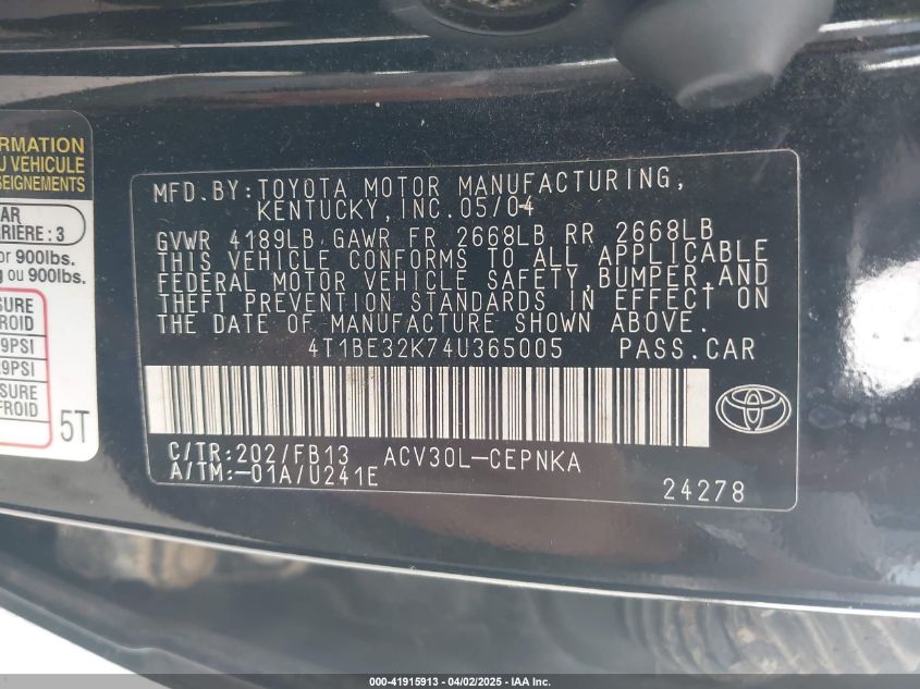 2004 Toyota Camry Std VIN: 4T1BE32K74U365005 Lot: 41915913