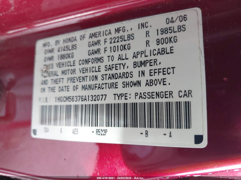 2006 HONDA ACCORD VIN: 1HGCM56376A132077