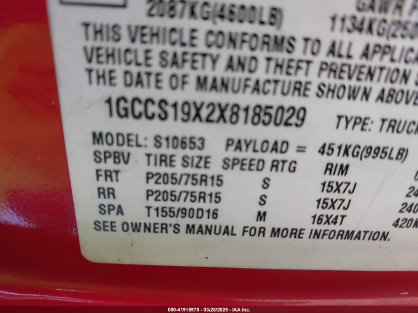 1999 Chevrolet S-10 Ls VIN: 1GCCS19X2X8185029 Lot: 41915975