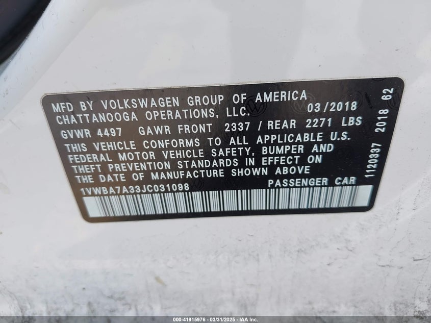2018 VOLKSWAGEN PASSAT VIN: 1VWBA7A33JC031098