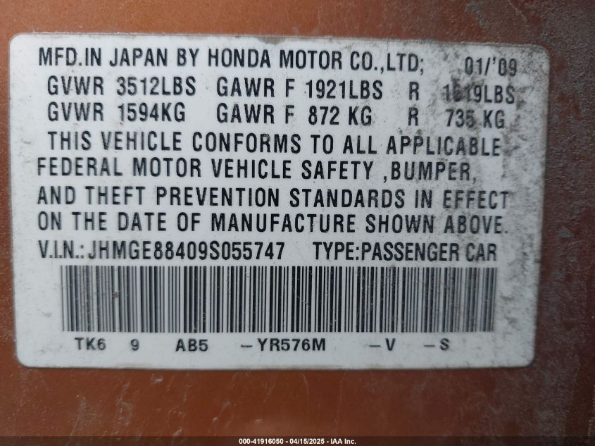 2009 Honda Fit VIN: JHMGE88409F055747 Lot: 41916050