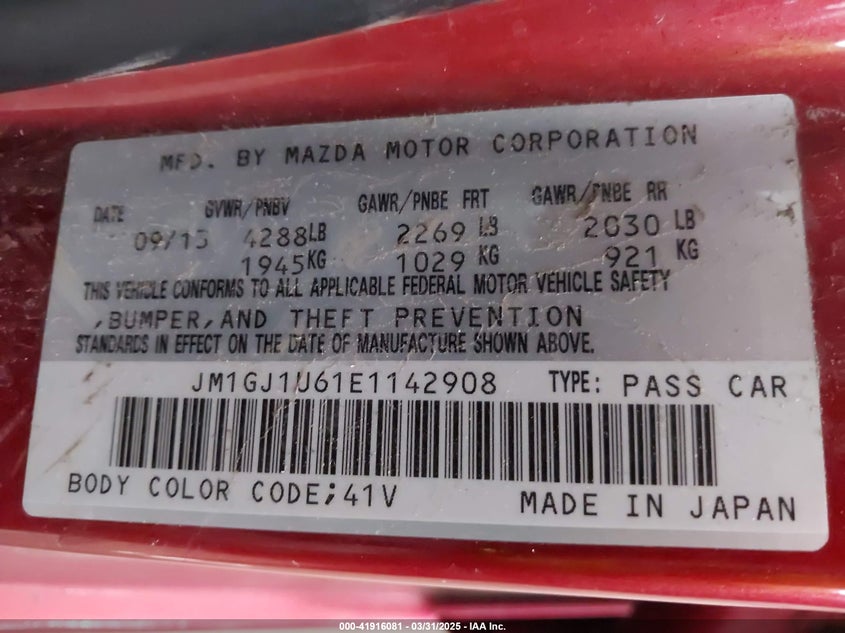 2014 MAZDA MAZDA6 VIN: JM1GJ1U61E1142908