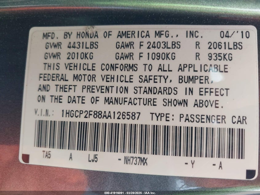 2010 HONDA ACCORD VIN: 1HGCP2F88AA126587