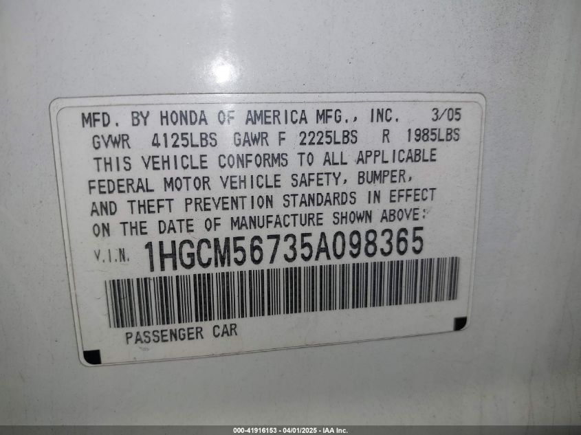 2005 Honda Accord 2.4 Ex VIN: 1HGCM56715A098865 Lot: 41916153