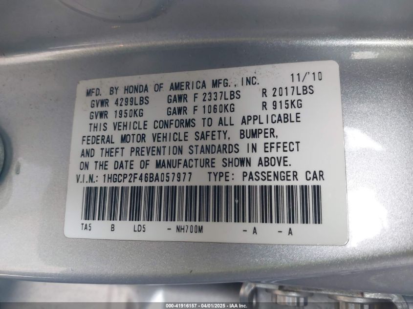 2011 Honda Accord 2.4 Lx-P VIN: 1HGCP2F46BA057977 Lot: 41916157