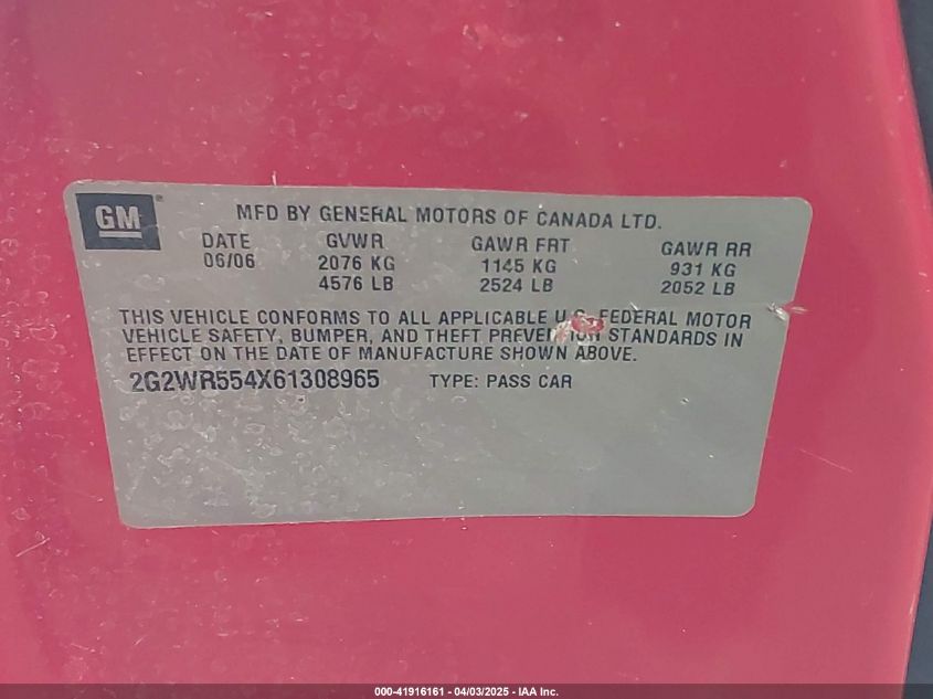2006 Pontiac Grand Prix Gt VIN: 2G2WR554X61308965 Lot: 41916161
