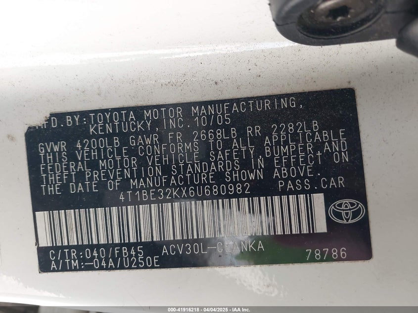2006 TOYOTA CAMRY VIN: 4T1BE32KX6U680982