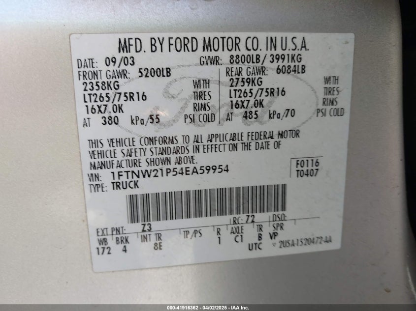 2004 Ford F-250 Lariat/Xl/Xlt VIN: 1FTNW21P54EA59954 Lot: 41916362