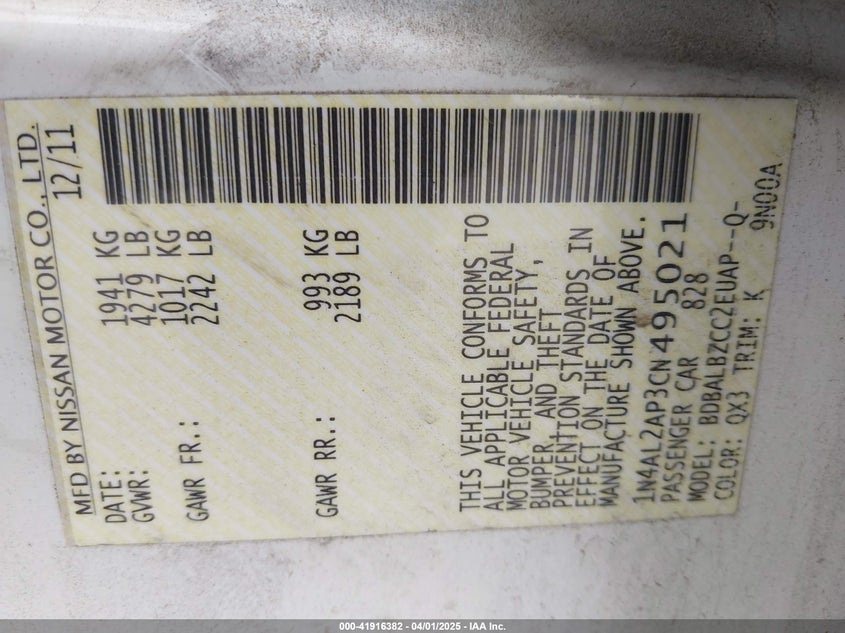 2012 NISSAN ALTIMA VIN: 1N4AL2AP3CN495021