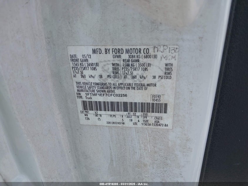 2012 FORD F-150 VIN: 1FTMF1EF7CFC02256