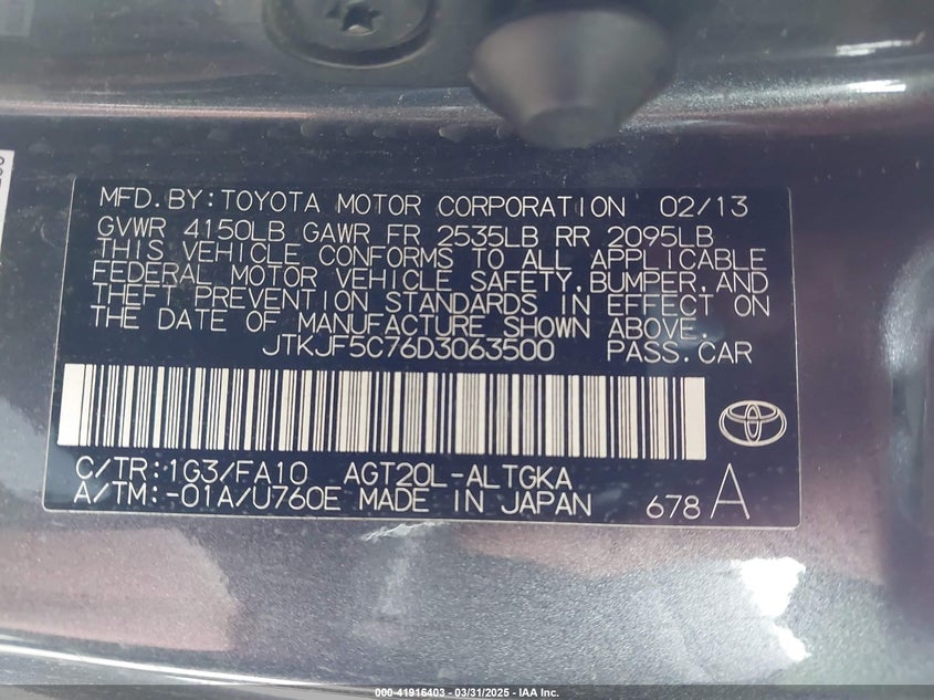 2013 SCION TC VIN: JTKJF5C76D3063500
