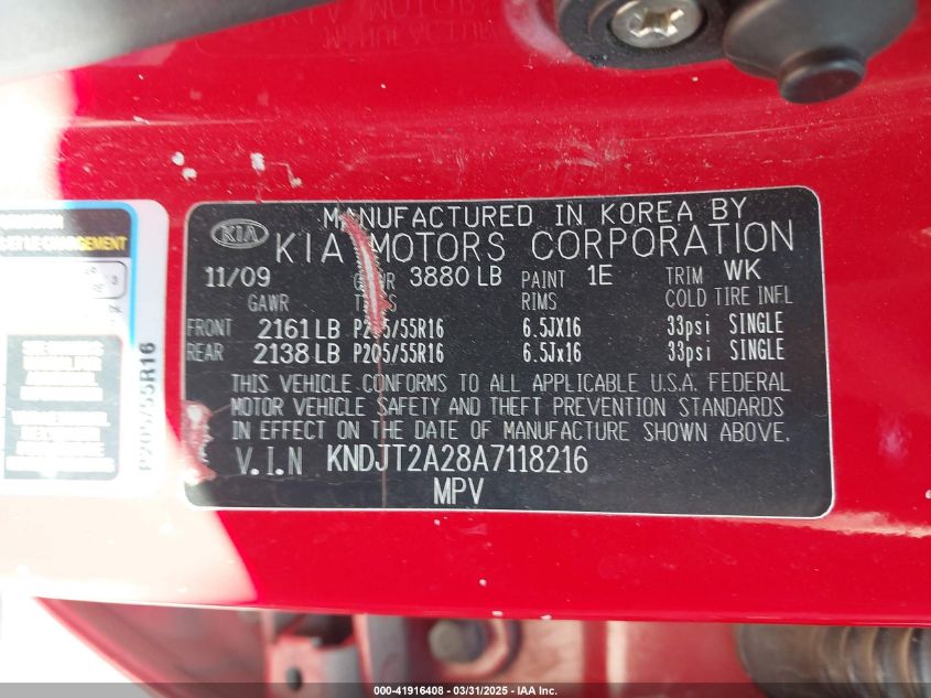 2010 Kia Soul VIN: KNDJT2828A7118216 Lot: 41916408