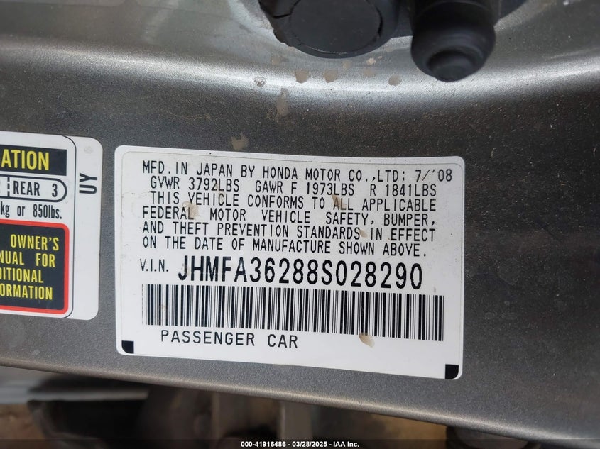 2008 HONDA CIVIC HYBRID VIN: JHMFA36288S028290