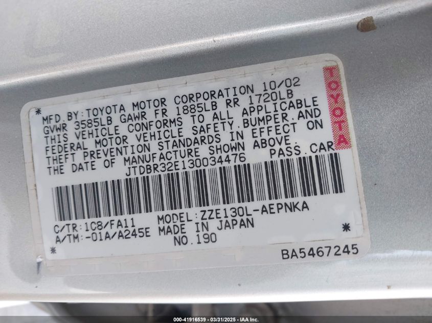 2003 Toyota Corolla Le VIN: JTDBR32E130034476 Lot: 41916539