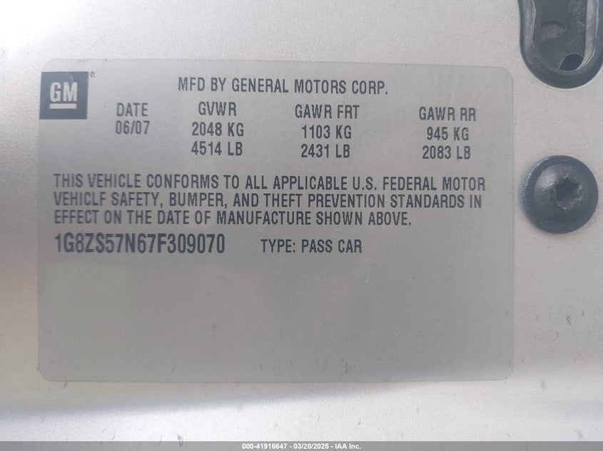 2007 SATURN AURA VIN: 1G8ZS57N67F309070