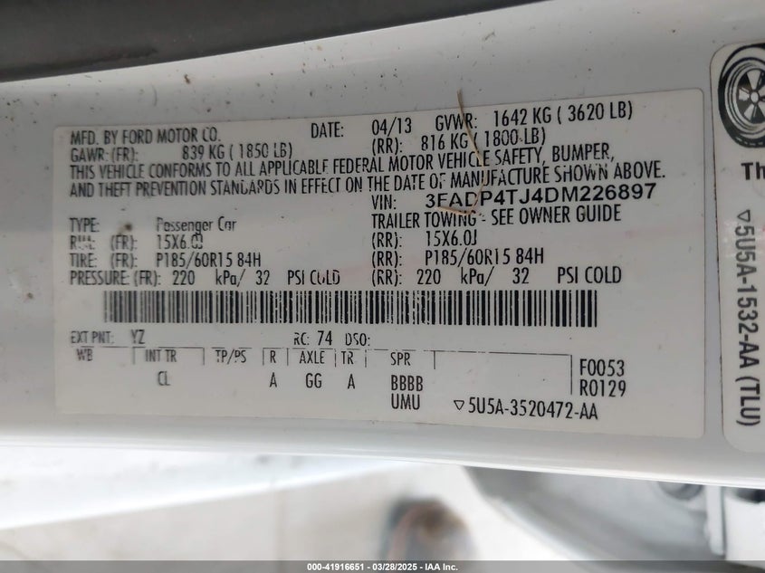 2013 FORD FIESTA VIN: 3FADP4TJ4DM226897
