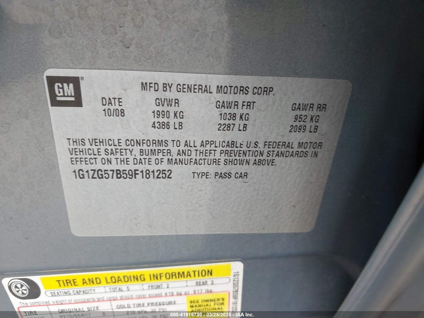 2009 CHEVROLET MALIBU VIN: 1G1ZG57B59F181252
