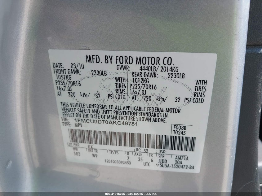 2010 FORD ESCAPE VIN: 1FMCU0D70AKC49781