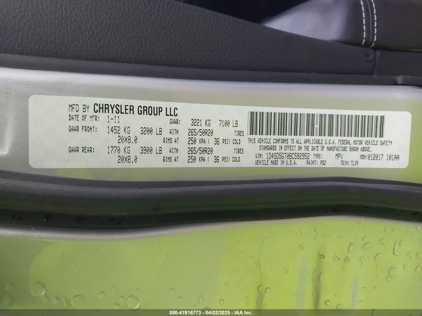 2011 DODGE DURANGO VIN: 1D4SD5GT0BC592952