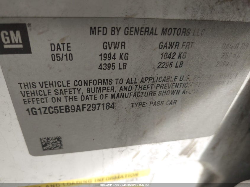 2010 CHEVROLET MALIBU VIN: 1G1ZC5EB9AF297184