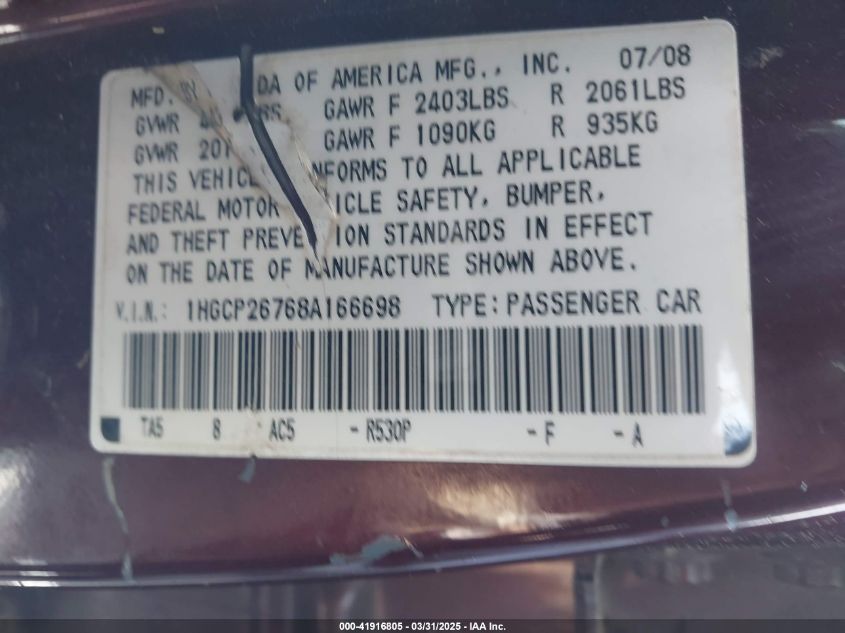 2008 Honda Accord 2.4 Ex VIN: 1HGCP26768A166698 Lot: 41916805