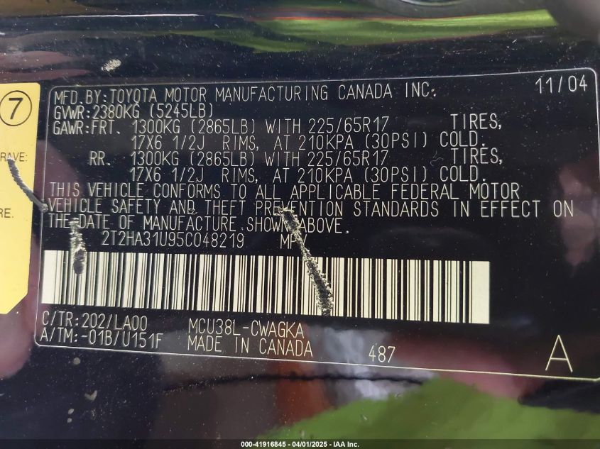 2005 Lexus Rx 330 VIN: 2T2HA31U95C048219 Lot: 41916845