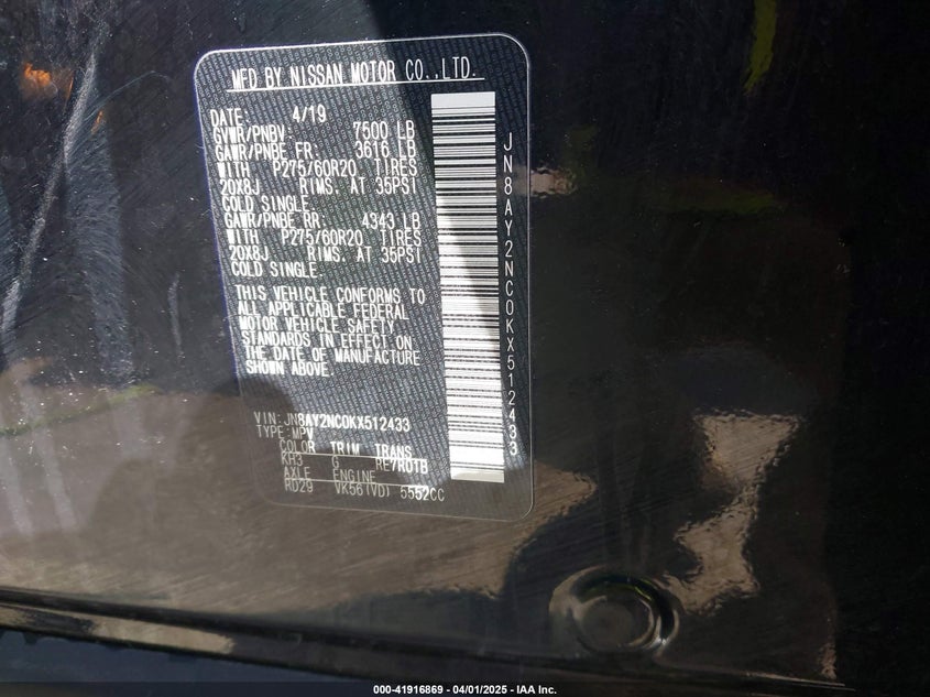 2019 NISSAN ARMADA VIN: JN8AY2NC0KX512433