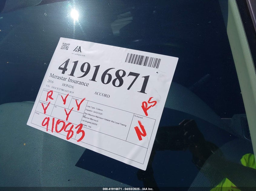 2016 HONDA ACCORD VIN: 1HGCR3F98GA031819