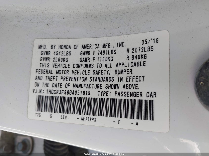 2016 HONDA ACCORD VIN: 1HGCR3F98GA031819