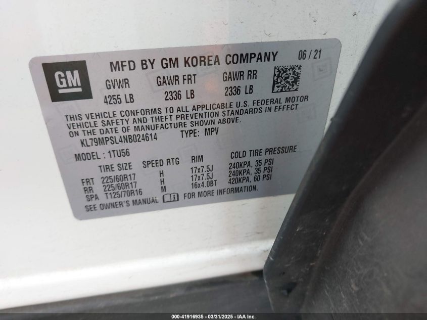 2022 Chevrolet Trailblazer Fwd Lt VIN: KL79MPSL4NB024614 Lot: 41916935