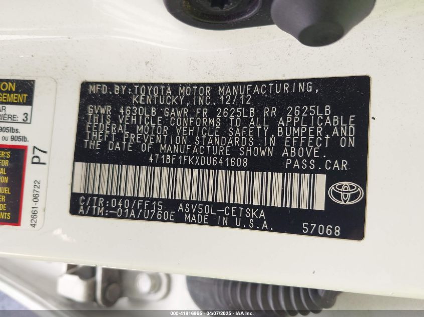 2013 Toyota Camry Se VIN: 4T1BF1FKXDU641608 Lot: 41916965