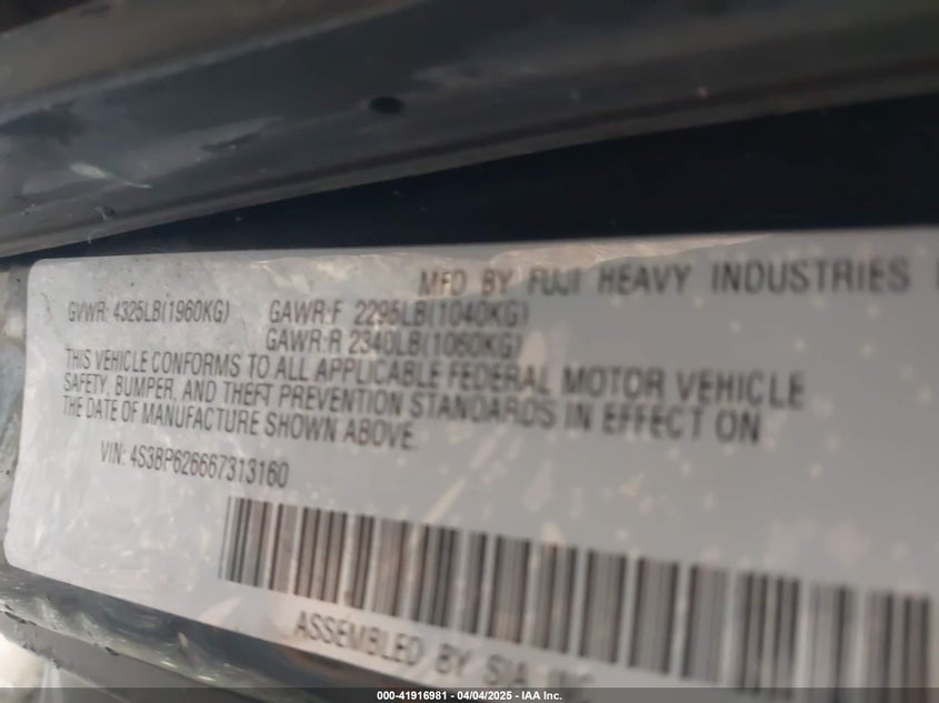 2006 SUBARU LEGACY VIN: 4S3BP626667313160