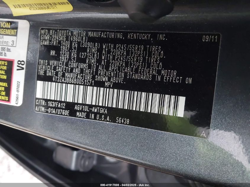 2011 Toyota Venza VIN: 4T3ZA3BB6BU051571 Lot: 41917008