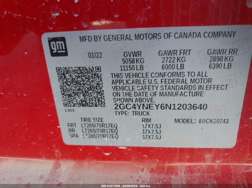 2022 CHEVROLET SILVERADO 2500HD (VIN: 2GC4YNEY6N1203640