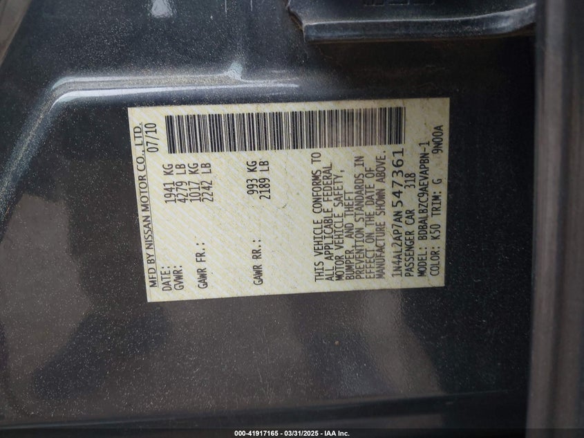 2010 NISSAN ALTIMA VIN: 1N4AL2AP7AN547361