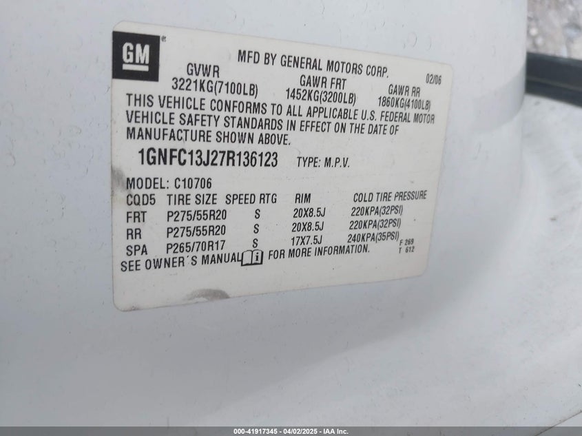 2007 CHEVROLET TAHOE VIN: 1GNFC13J27R136123