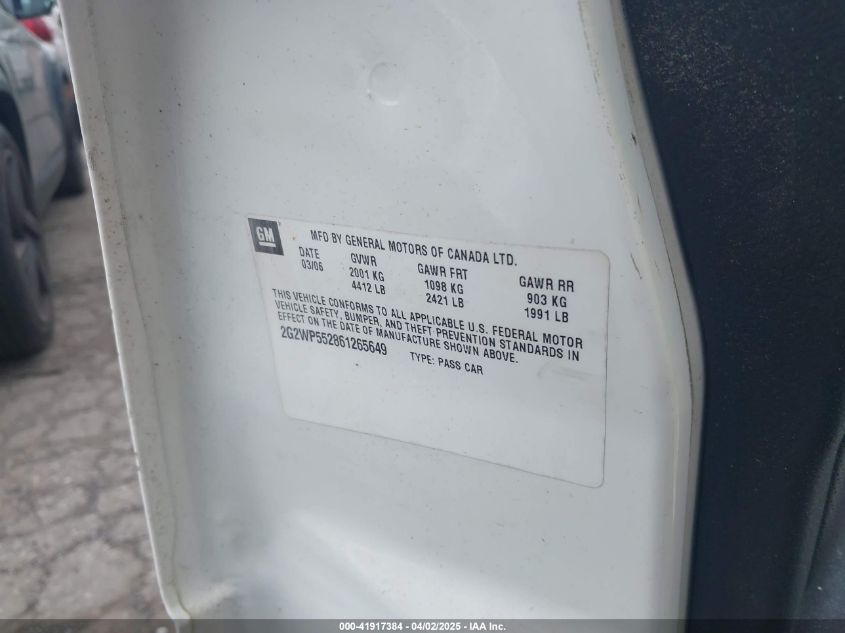 2006 Pontiac Grand Prix VIN: 2G2WP552861265649 Lot: 41917384